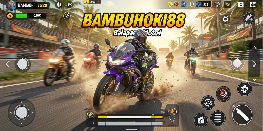Screenshot permainan BAMBUHOKI88 menampilkan aksi balapan motor yang mendebarkan.