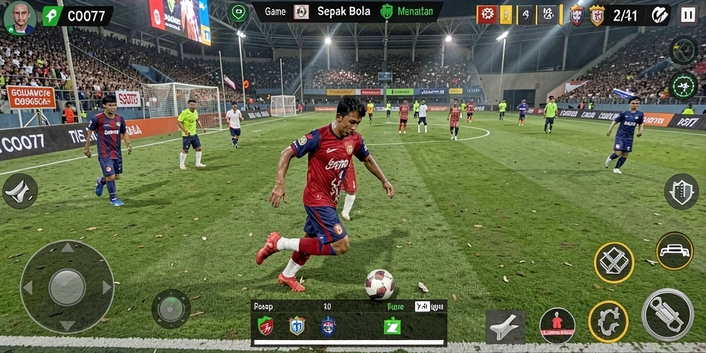 Tampilan gameplay yang dinamis dalam COO77, menampilkan aksi sepak bola yang seru.