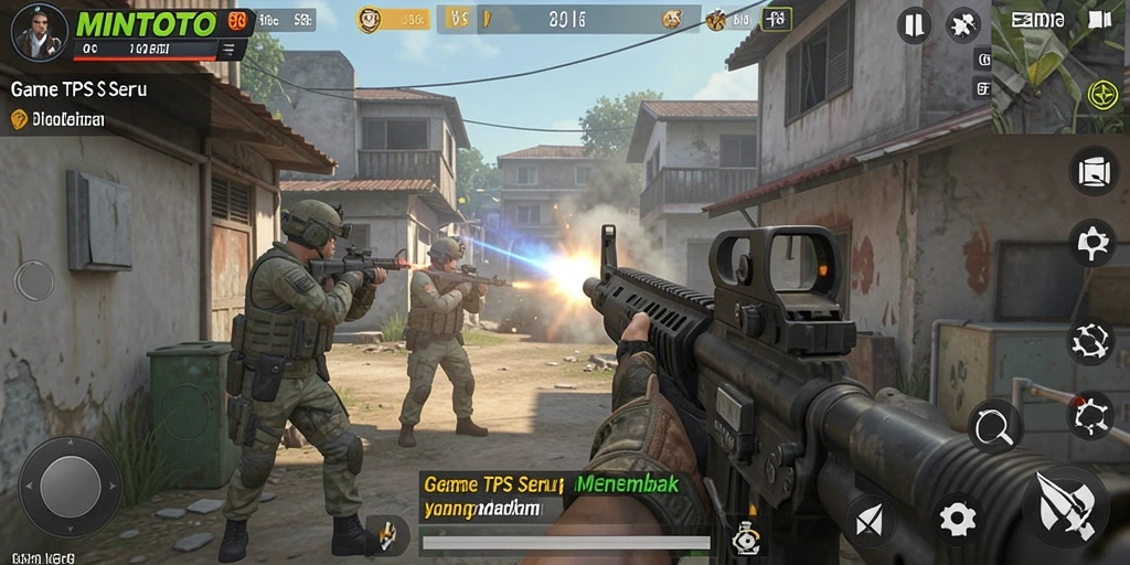 Screenshot gameplay MINTOTO menampilkan aksi tembak-menembak yang intens.