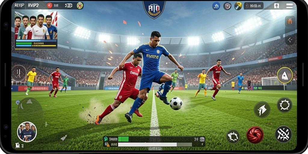 Tampilan gameplay seru dalam RVIP2 dengan aksi sepak bola.